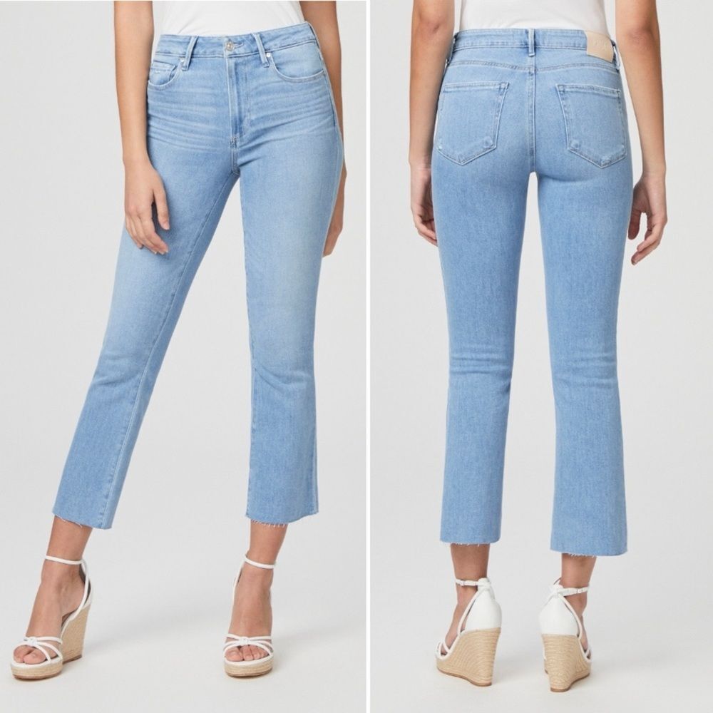 PAIGE Denim Colette Crop Flare Raw Hem Jeans Sky Touch Distressed Size 26 | 2